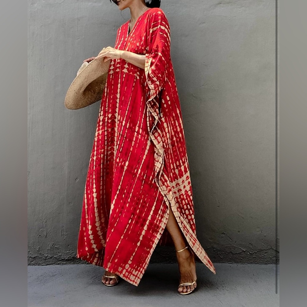 Kaftan Caftan Dress Red Shibori Tye-Dye Moroccan Boho Plus/One Size (M-XXL)